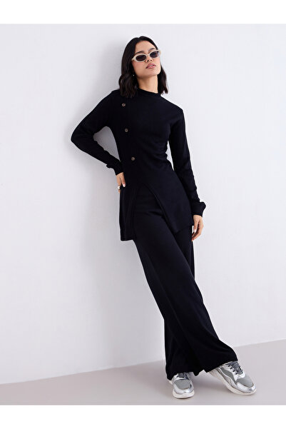 Styli Black Slit Hem Knit Top and Trousers Modest Set
