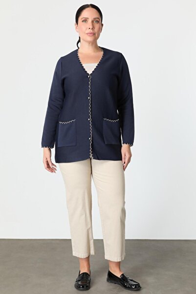 accort Büyük Beden Düğme Detay Triko Hırka-LACI