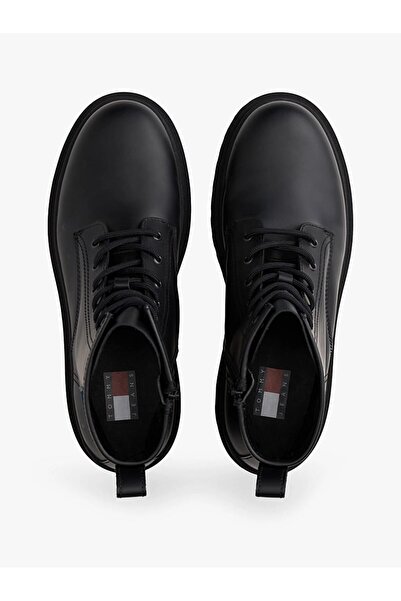 Tommy Hilfiger Erkek Kauçuk Kaplamalı Bağcıklı ve Fermuarlı Bot - Siyah