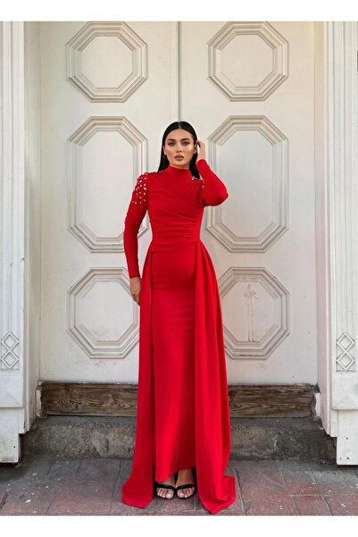 Modafeminen Shoulder Stone Details with Special Drapes Dress 583341 Red