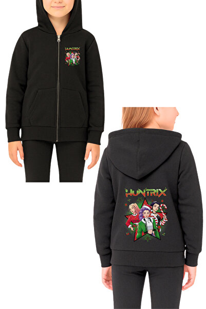 MECH BUTİK سترة كيبوب ديمون هانترز مطبوعة باللون الأسود للجنسين بسحاب وقلنسوة