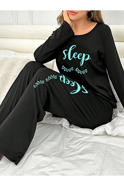 Take Two By Styli Slogan Print Long Sleeve T-Shirt with Bow Detail Pants Set