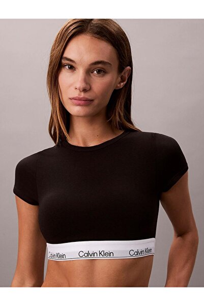 Calvin Klein Kadın Marka Logolu Beyaz Elastik Bantlı Siyah T-Shirt LV00QF8495 UB1