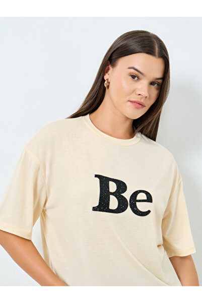 Styli Beige Oversized Embellished Slogan T-Shirt