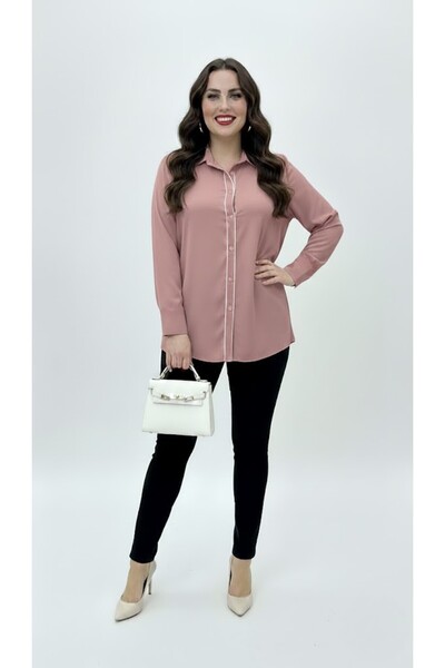 Koza Butik Women's Large Size Long Sleeve Front Break Piped Detail Flowy Fabric Shirt 1991