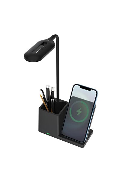 S-LINK Sl-M9054 Siyah Typec 10W Kablosuz Şarj Cihazı Kalemlikli Masa Lambası
