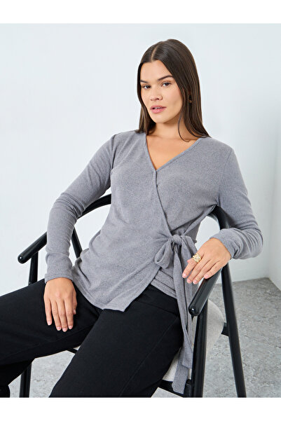 Styli Grey Plain Long Sleeve Knitted Wrap Top
