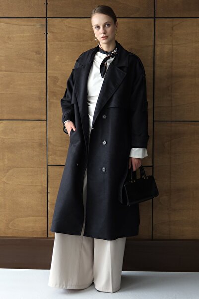 VAGGON Women's Black Button Closure Belted Trench Coat Vs01431