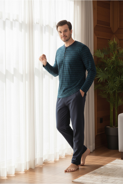 Bravie 100% Cotton Men's Combed Cotton Pajama Set with Buttoned Collar 9710 Dark Green