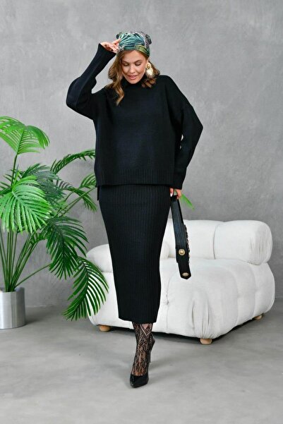 Işşıl 10270-Turtleneck Oversized Knitwear Skirt Set
