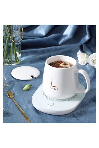 LUCKY Smart Ceramic Coffee Mug with Lid & Spoon, USB Warmer, 55°C, 300ml, White