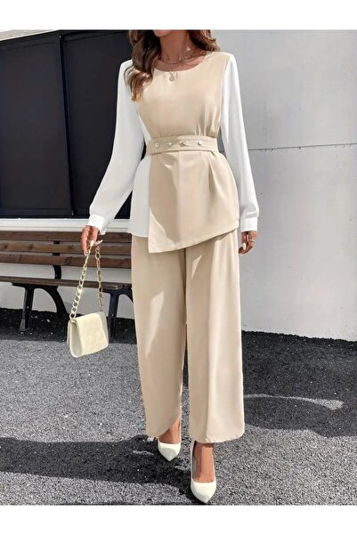 ALPACO Costum dublu din crep importat pentru femei, cu mâneci lungi, cu decolteu deschis, cu centură, în două culori