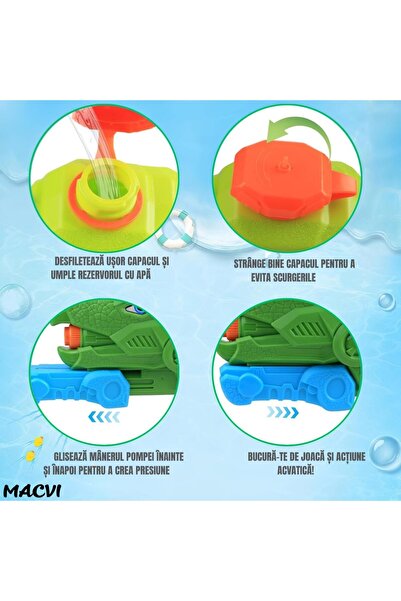 MACVI Pulverizator de apă cu dinozauri ®, 1330 ml, 35 cm, 3 duze, rază de acțiune de 8 m, PVC durabil, 6+, verde mușchi