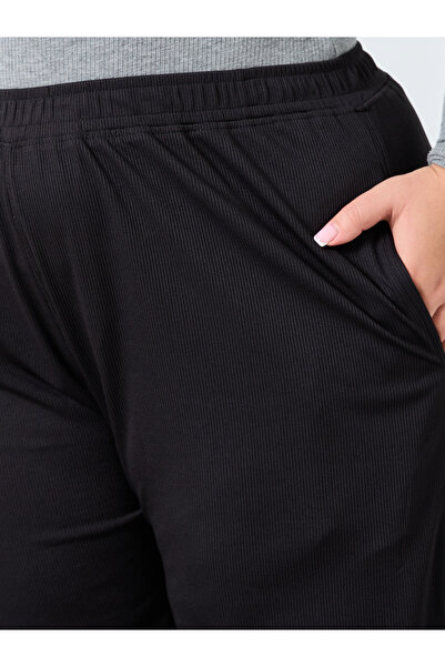 Styli Plus Size Black Ribbed Wide Leg Trousers