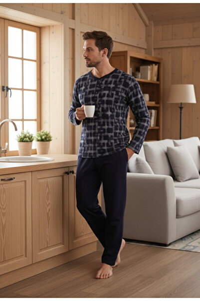 Bravie Σετ πιτζάμες ανδρικής χτενισμένης βαμβακερής ύφασμα 100% βαμβάκι με κουμπιά στο λαιμό 9709 Σκούρο σχέδιο
