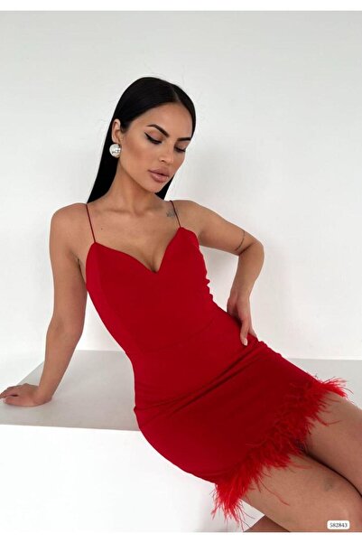 Modafeminen Cemre Rope Strap Feather Mini Dress 582843 Red