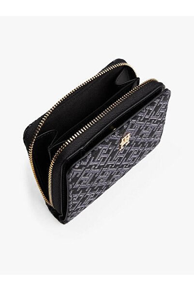 Tommy Hilfiger Women's Th Monogram Logo Patterned Zippered Interior Compartment Black Wallet Aw0Aw17957-Bds