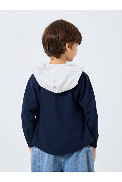 Styli Boys Navy Blue Corduroy Hooded Shacket