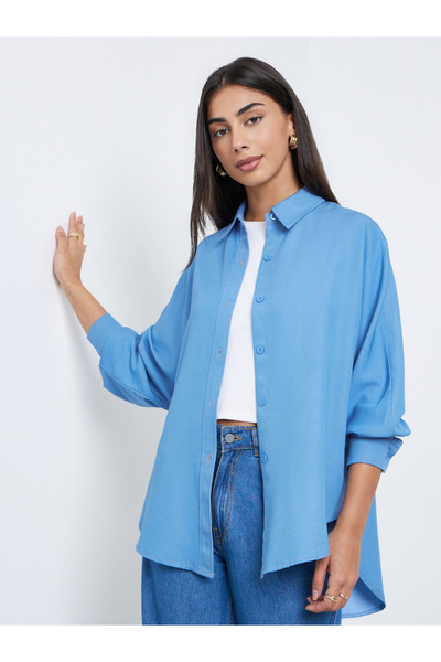 Styli Blue Oversized Shirt with Button Placket