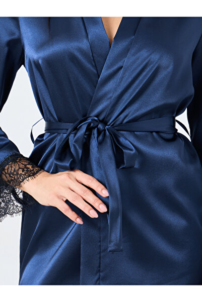 Take Two By Styli Satin Belted Robe with Lace Insert