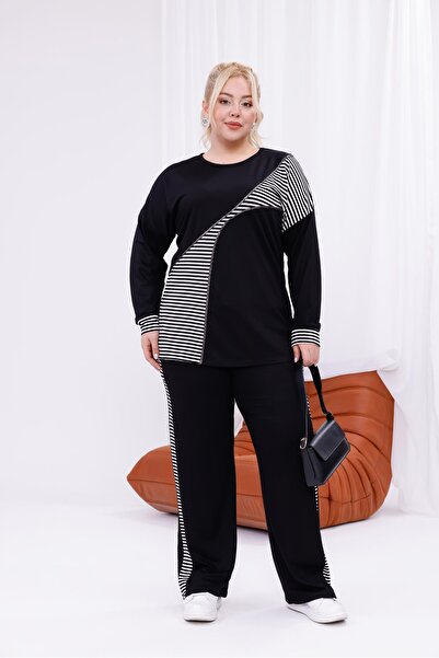 Siyezen Plus Size Striped Cotton Stretch Fabric Tracksuit Set