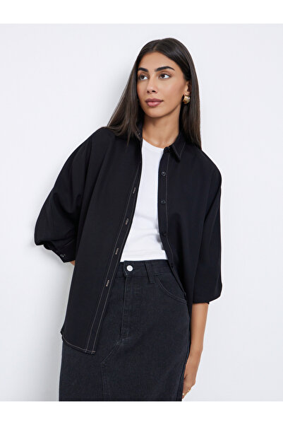 Styli Black Oversized Shirt with Button Placket