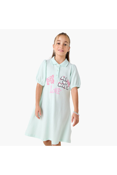Juniors Printed Polo T-shirt Dress with Short Sleeves