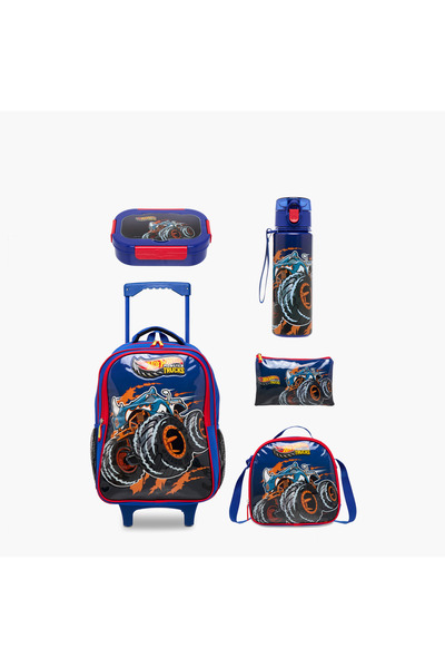 HOT WHEELS 5-Piece Monster Truck Print Trolley Backpack Set - 16 inches
