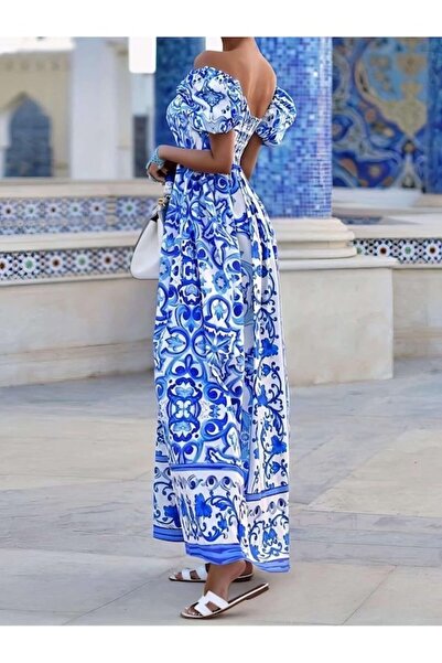 OEM Long summer dress white-blue with ceramic print and off-shoulder – Mediterranean style, size S-M I