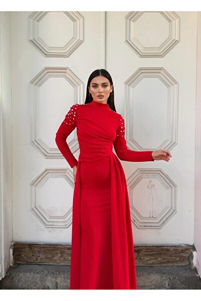 Modafeminen Shoulder Stone Details with Special Drapes Dress 583341 Red