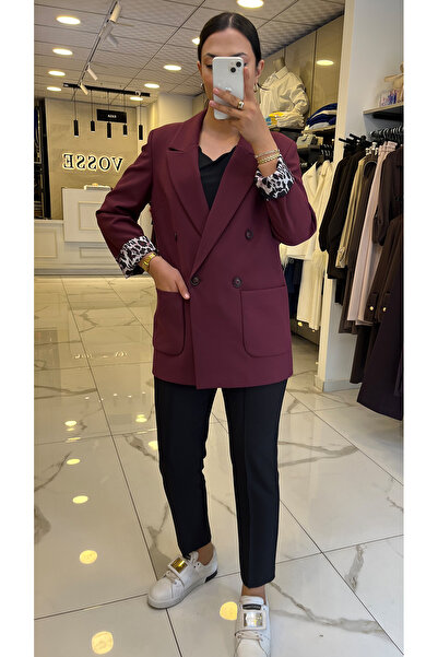 Vosse Moda İlgi Bordo Kruvaze Yaka Leopar Detaylı Blazer Ceket