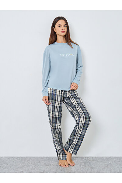 Styli Superstar Slogan Long Sleeve T-Shirt and Check Pyjama Set