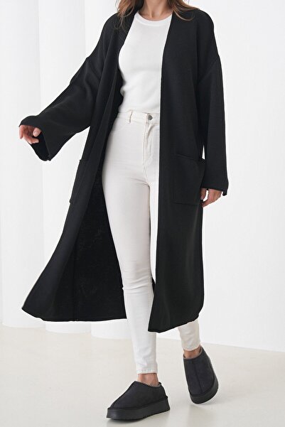 VAGGON Women's Black Wide Sleeve Double Pocket Long Knitwear Cardigan Vs01436