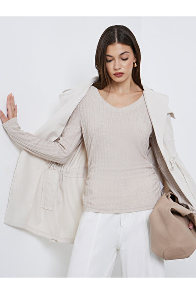 Styli Beige Ribbed Knit Top