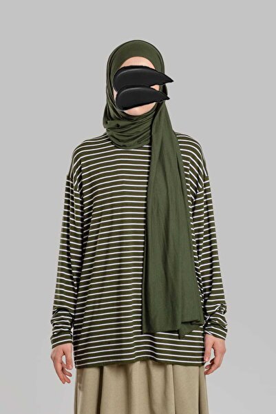 Emare تي شيرت طويل الأكمام مخطط للمحجبات - كاكي