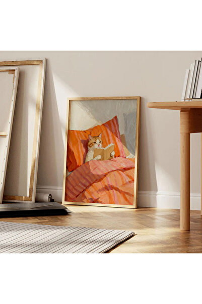 Sweetco Çerçevesiz Poster Cozy Minds | Kedi ve Kitap Sıcak Kış Atmosferi Cat Book Duvar Dekoru