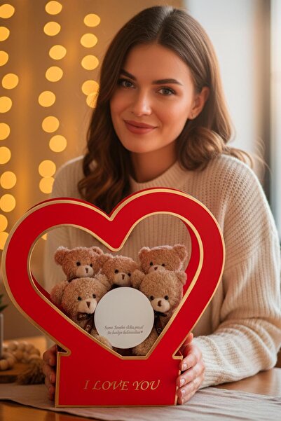 Solemia Özel Kalpli Kutuda Romantik Mesajlı Aynası ile Boz 5'li Peluş Ayıcık ...