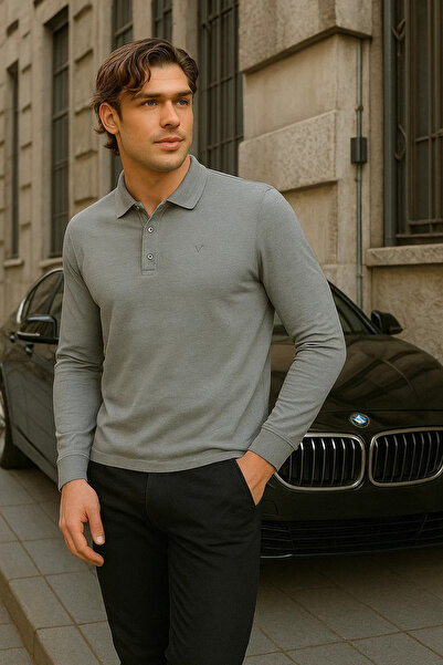 Maccali Men's Casual Long Sleeve Basic Gray Polo Neck T-Shirt