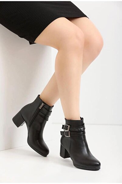 beelleshoe Kadın HEMERA SİYAH CİLT Çift Tokalı Kısa KIŞLIK Bot