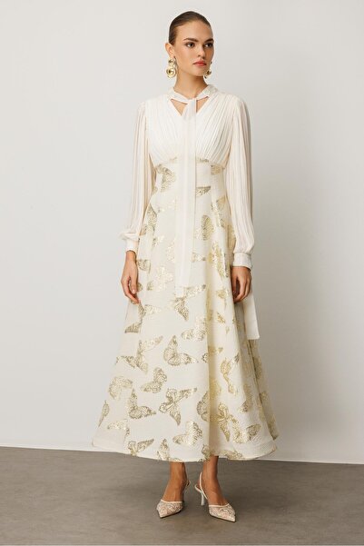 Nefeli Yaka Şal Bağlama Pilise Detaylı Jakar Abiye EKRU