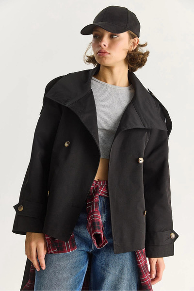 MODAMERSİ Women's Black Mock Neck Belt Detailed Lined Short Trench Coat