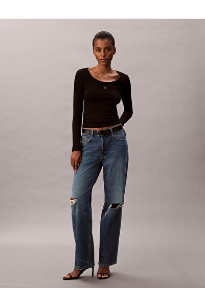 Calvin Klein Women Black Ribbed Cotton Long Sleeve Scoop Neck Top