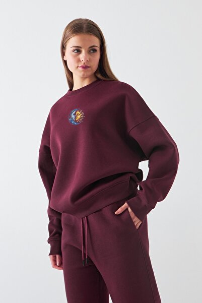 The Champ Clothing Γυναικείο φούτερ oversized Sun & Moon με τύπωμα Claret Red – Crew Neck, 3 Thread Ş επένδυση fleece Fleece