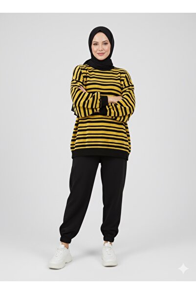 Kırmızı iz Kadife çizgili tunik kadife tesettür tunik