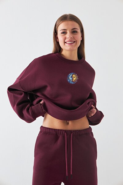 The Champ Clothing Γυναικείο φούτερ oversized Sun & Moon με τύπωμα Claret Red – Crew Neck, 3 Thread Ş επένδυση fleece Fleece