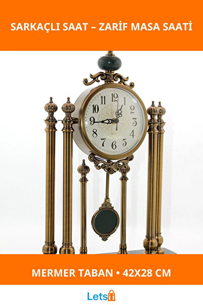 Letsii Zarif Metal Mermer Taban Sarkaçlı Masaüstü Saat 42x28 cm