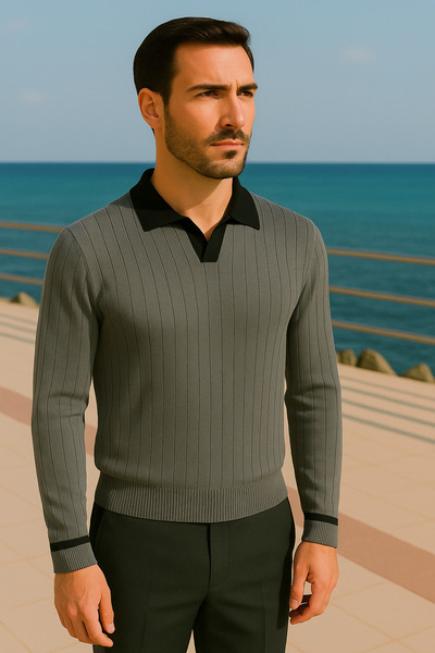 Maccali Men's Striped Long Sleeve Gray Loose Polo Neck T-Shirt