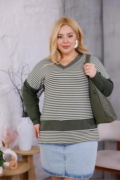 Siyezen Plus Size Striped V-Neck Blouse with Stones
