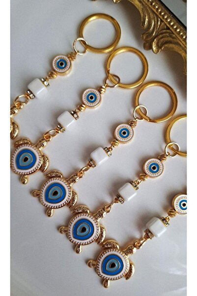 Svc Aksesuar New Year's Luxury Gift 5-Piece Zircon Stone Evil Eye Beaded White Turtle Lucky Keychain 10.5 cm