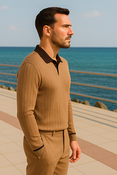 Maccali Ανδρικό μπλουζάκι με ριγέ μακρυμάνικο μπλουζάκι με λαιμόκοψη πόλο